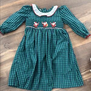 Green Plaid long sleeve Dress with Santa Embroidery 2T